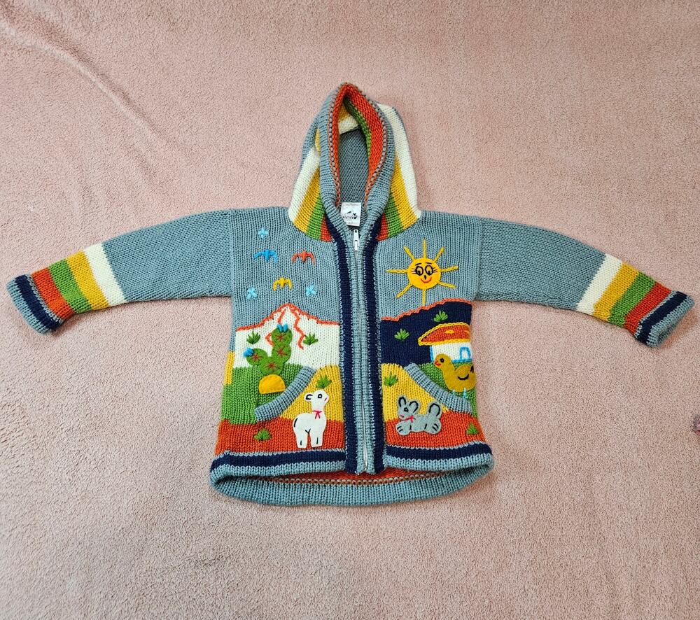 Handmade Peruvian Toddlera Hooded Zip Sweater w/Landscape/Animal Embroidery Sz 2